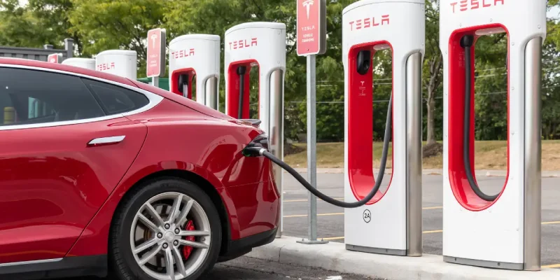 red Tesla is charing