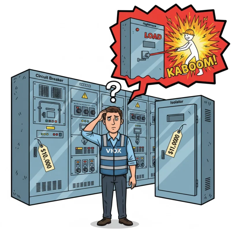 comic-book illustration comparing circuit breakers and isolators, with a stark warning about the misuse of an isolator