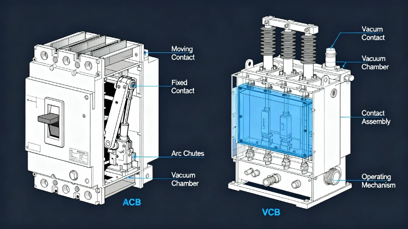 You're staring at two circuit breaker datasheets for your 15kV switchgear project. Both show voltage ratings up to 690V. Both list impressive breaking capacities. On paper, they look interchangeable.They're not.Choose wrong—install an Air Circuit Breaker (ACB) where you need a Vacuum Circuit Breaker (VCB), or vice versa—and you're not just violating IEC standards. You're gambling with arc flash risk, maintenance budgets, and equipment lifespan. The real difference isn't in the marketing brochure. It's in the physics of how each breaker extinguishes an electrical arc, and that physics imposes a hard Voltage Ceiling that no datasheet disclaimer can override.Here's what actually separates ACBs from VCBs—and how to choose the right one for your system.Quick Answer: ACB vs VCB at a GlanceThe core difference: Air Circuit Breakers (ACBs) quench electrical arcs in atmospheric air and are designed for low-voltage systems up to 1,000V AC (governed by IEC 60947-2:2024). Vacuum Circuit Breakers (VCBs) extinguish arcs in a sealed vacuum environment and operate in medium-voltage systems from 11kV to 33kV (governed by IEC 62271-100:2021). This voltage split isn't a product segmentation choice—it's dictated by the physics of arc interruption.Here's how they compare across critical specifications:SpecificationAir Circuit Breaker (ACB)Vacuum Circuit Breaker (VCB)Voltage RangeLow voltage: 400V to 1,000V ACMedium voltage: 11kV to 33kV (some 1kV-38kV)Current RangeHigh current: 800A to 10,000AModerate current: 600A to 4,000ABreaking CapacityUp to 100kA at 690V25kA to 50kA at MVArc Quenching MediumAir at atmospheric pressureVacuum (10^-2 to 10^-6 torr)Operating MechanismArc chutes lengthen and cool the arcSealed vacuum interrupter quenches arc at first current zeroMaintenance FrequencyEvery 6 months (twice yearly)Every 3 to 5 yearsContact Lifespan3 to 5 years (air exposure causes erosion)20 to 30 years (sealed environment)Typical ApplicationsLV distribution, MCCs, PCCs, commercial/industrial panelsMV switchgear, utility substations, HV motor protectionIEC StandardIEC 60947-2:2024 (≤1000V AC)IEC 62271-100:2021+A1:2024 (>1000V)Initial CostLower ($8K-$15K typical)Higher ($20K-$30K typical)15-Year Total Cost~$48K (with maintenance)~$24K (minimal maintenance)Notice the clean dividing line at 1,000V? That's The Standards Split—and it exists because above 1kV, air simply can't extinguish an arc fast enough. Physics sets the boundary; IEC just codified it. Figure 1: Structural comparison of ACB and VCB technologies. The ACB (left) uses arc chutes in open air, while the VCB (right) employs a sealed vacuum interrupter for arc extinction.Arc Quenching: Air vs Vacuum (Why Physics Sets the Voltage Ceiling)When you separate current-carrying contacts under load, an arc forms. Always. That arc is a plasma column—ionized gas conducting thousands of amperes at temperatures reaching 20,000°C (hotter than the surface of the sun). Your circuit breaker's job is to extinguish that arc before it welds the contacts together or triggers an arc flash event.How it does that depends entirely on the medium surrounding the contacts.How ACBs Use Air and Arc ChutesAn Air Circuit Breaker interrupts the arc in atmospheric air. The breaker's contacts are housed in arc chutes—arrays of metal plates positioned to intercept the arc as the contacts separate. Here's the sequence:Arc formation: Contacts separate, arc strikes in airArc lengthening: Magnetic forces drive the arc into the arc chuteArc division: The chute's metal plates split the arc into multiple shorter arcsArc cooling: Increased surface area and air exposure cool the plasmaArc extinction: As the arc cools and lengthens, resistance increases until the arc can no longer sustain itself at the next current zeroThis works reliably up to about 1,000V. Above that voltage, the arc's energy is too great. Air's dielectric strength (the voltage gradient it can withstand before breaking down) is approximately 3 kV/mm at atmospheric pressure. Once system voltage climbs into the multi-kilovolt range, the arc simply re-strikes across the widening contact gap. You can't build an arc chute long enough to stop it without making the breaker the size of a small car.That's The Voltage Ceiling.How VCBs Use Vacuum PhysicsA Vacuum Circuit Breaker takes a completely different approach. The contacts are enclosed in a sealed vacuum interrupter—a chamber evacuated to a pressure between 10^-2 and 10^-6 torr (that's roughly one-millionth of atmospheric pressure).When the contacts separate under load:Arc formation: Arc strikes in the vacuum gapLimited ionization: With almost no gas molecules present, the arc lacks sustaining mediumRapid de-ionization: At the first natural current zero (every half-cycle in AC), there are insufficient charge carriers to re-strike the arcInstant extinction: Arc dies within one cycle (8.3 milliseconds on a 60 Hz system)The vacuum provides two massive advantages. First, dielectric strength: a vacuum gap of just 10mm can withstand voltages up to 40kV—that's 10 to 100 times stronger than air at the same gap distance. Second, contact preservation: with no oxygen present, the contacts don't oxidize or erode at the same rate as ACB contacts exposed to air. That's The Sealed-for-Life Advantage.VCB contacts in a properly maintained breaker can last 20 to 30 years. ACB contacts exposed to atmospheric oxygen and arc plasma? You're looking at replacement every 3 to 5 years, sometimes sooner in dusty or humid environments.Figure 2: Arc quenching mechanisms. The ACB requires multiple steps to lengthen, divide, and cool the arc in air (left), while the VCB extinguishes the arc instantly at the first current zero due to vacuum's superior dielectric strength (right).Pro-Tip #1: The Voltage Ceiling isn't negotiable. ACBs are physically incapable of reliably interrupting arcs above 1kV in air at atmospheric pressure. If your system voltage exceeds 1,000V AC, you need a VCB—not as a "better" option, but as the only option that complies with physics and IEC standards.Voltage and Current Ratings: What the Numbers Really MeanVoltage isn't just a specification line on the datasheet. It's the fundamental selection criterion that determines which breaker type you can even consider. Current rating matters, but it comes second.Here's what the numbers mean in practice.ACB Ratings: High Current, Low VoltageVoltage ceiling: ACBs operate reliably from 400V up to 1,000V AC (with some specialized designs rated to 1,500V DC). The typical sweet spot is 400V or 690V for three-phase industrial systems. Above 1kV AC, air's dielectric properties make reliable arc interruption impractical—that Voltage Ceiling we discussed isn't a design limitation; it's a physical boundary.Current capacity: Where ACBs dominate is current handling. Ratings range from 800A for smaller distribution panels up to 10,000A for main service entrance applications. High current capability at low voltage is precisely what low-voltage distribution needs—think motor control centers (MCCs), power control centers (PCCs), and main distribution boards in commercial and industrial facilities.Breaking capacity: Short-circuit interrupting ratings reach up to 100kA at 690V. That sounds impressive—and it is, for low-voltage applications. But let's put it in perspective with a power calculation:Breaking capacity: 100kA at 690V (line-to-line)Apparent power: √3 × 690V × 100kA ≈ 119 MVAThat's the maximum fault power an ACB can safely interrupt. For a 400V/690V industrial plant with a 1.5 MVA transformer and typical X/R ratios, a 65kA breaker is often sufficient. The 100kA units are reserved for utility-scale low-voltage distribution or facilities with multiple large transformers in parallel.Typical applications:Low-voltage main distribution panels (LVMDP)Motor control centers (MCCs) for pumps, fans, compressorsPower control centers (PCCs) for industrial machineryGenerator protection and synchronization panelsCommercial building electrical rooms (below 1kV)VCB Ratings: Medium Voltage, Moderate CurrentVoltage range: VCBs are engineered for medium-voltage systems, typically from 11kV to 33kV. Some designs extend the range down to 1kV or up to 38kV (the 2024 amendment to IEC 62271-100 added standardized ratings at 15.5kV, 27kV, and 40.5kV). The sealed vacuum interrupter's superior dielectric strength makes these voltage levels manageable within a compact footprint.Current capacity: VCBs handle moderate currents compared to ACBs, with typical ratings from 600A to 4,000A. This is perfectly adequate for medium-voltage applications. A 2,000A breaker at 11kV can carry 38 MVA of continuous load—equivalent to several dozen large industrial motors or an entire medium-sized industrial facility's power demand.Breaking capacity: VCBs are rated from 25kA to 50kA at their respective voltage levels. Let's run the same power calculation for a 50kA VCB at 33kV:Breaking capacity: 50kA at 33kV (line-to-line)Apparent power: √3 × 33kV × 50kA ≈ 2,850 MVAThat's 24 times more interrupting power than our 100kA ACB at 690V. Suddenly, that "lower" 50kA breaking capacity doesn't look so modest. VCBs are interrupting fault currents at power levels that would vaporize an ACB's arc chute.Figure 3: The Voltage Ceiling visualization. ACBs operate reliably up to 1,000V but cannot safely interrupt arcs above this threshold (red zone), while VCBs dominate the medium-voltage range from 11kV to 38kV (green zone).Typical applications:Utility distribution substations (11kV, 22kV, 33kV)Industrial medium-voltage switchgear (ring main units, switchboards)High-voltage induction motor protection (>1,000 HP)Transformer primary protectionPower generation facilities (generator circuit breakers)Renewable energy systems (wind farms, solar inverter stations)Pro-Tip #2: Don't compare breaking capacity in kiloamperes alone. Calculate the MVA interrupting power (√3 × voltage × current). A 50kA VCB at 33kV interrupts vastly more power than a 100kA ACB at 690V. Voltage matters more than current when assessing breaker capability.The Standards Split: IEC 60947-2 (ACB) vs IEC 62271-100 (VCB)The International Electrotechnical Commission (IEC) doesn't casually divide standards. When IEC 60947-2 governs breakers up to 1,000V and IEC 62271-100 takes over above 1,000V, that boundary reflects the physical reality we've been discussing. This is The Standards Split, and it's your design compass.IEC 60947-2:2024 for Air Circuit BreakersScope: This standard applies to circuit-breakers with rated voltage not exceeding 1,000V AC or 1,500V DC. It's the authoritative reference for low-voltage circuit protection, including ACBs, molded-case circuit breakers (MCCBs), and miniature circuit breakers (MCBs).The sixth edition was published in September 2024, superseding the 2016 edition. Key updates include:Suitability for isolation: Clarified requirements for using circuit-breakers as isolating switchesClassification removal: IEC eliminated the classification of breakers by interrupting medium (air, oil, SF6, etc.). Why? Because voltage already tells you the medium. If you're at 690V, you're using air or a sealed molded case. The old classification system was redundant.External device adjustments: New provisions for adjusting overcurrent settings via external devicesEnhanced testing: Added tests for ground-fault releases and dielectric properties in the tripped positionEMC improvements: Updated electromagnetic compatibility (EMC) test procedures and power loss measurement methodsThe 2024 revision makes the standard cleaner and more aligned with modern digital trip units and smart breaker technology, but the core voltage boundary—≤1,000V AC—remains unchanged. Above that, you're out of IEC 60947-2's jurisdiction.IEC 62271-100:2021 (Amendment 1: 2024) for Vacuum Circuit BreakersScope: This standard governs alternating current circuit-breakers designed for three-phase systems with voltages above 1,000V. It's specifically tailored for medium-voltage and high-voltage indoor and outdoor switchgear, where VCBs are the dominant technology (alongside SF6 breakers for the highest voltage classes).The third edition was published in 2021, with Amendment 1 released in August 2024. Recent updates include:Updated TRV (Transient Recovery Voltage) values: Recalculated TRV parameters in multiple tables to reflect real-world system behavior and newer transformer designsNew rated voltages: Standardized ratings added at 15.5kV, 27kV, and 40.5kV to cover regional system voltages (particularly in Asia and the Middle East)Revised terminal fault definition: Clarified what constitutes a terminal fault for testing purposesDielectric test criteria: Added criteria for dielectric testing; explicitly stated that partial discharge tests apply only to GIS (Gas-Insulated Switchgear) and dead-tank breakers, not typical VCBsEnvironmental considerations: Enhanced guidance on altitude, pollution, and temperature derating factorsThe 2024 amendment keeps the standard current with global grid infrastructure changes, but the fundamental principle holds: above 1,000V, you need a medium-voltage breaker, and for the 1kV-38kV range, that almost always means a VCB.Why These Standards Don't OverlapThe 1,000V boundary isn't arbitrary. It's the point where atmospheric air transitions from "adequate arc quenching medium" to "liability." IEC didn't create two standards to sell more books. They formalized the engineering reality:Below 1kV: Air-based or molded-case designs work. Arc chutes are effective. Breakers are compact and economical.Above 1kV: Air requires impractically large arc chutes; vacuum (or SF6 for higher voltages) becomes necessary for safe, reliable arc interruption in a reasonable footprint.When you're speccing a breaker, the first question isn't "ACB or VCB?" It's "What's my system voltage?" That answer points you to the correct standard, which points you to the correct breaker type.Pro-Tip #3: When reviewing a circuit breaker datasheet, check which IEC standard it complies with. If it lists IEC 60947-2, it's a low-voltage breaker (≤1kV). If it lists IEC 62271-100, it's a medium/high-voltage breaker (>1kV). The standard compliance tells you the voltage class instantly.Applications: Matching Breaker Type to Your SystemChoosing between ACB and VCB isn't about preference. It's about matching the breaker's physical capabilities to your system's electrical characteristics and operational requirements.Here's how to map breaker type to application.When to Use ACBsAir Circuit Breakers are the right choice for low-voltage distribution systems where high current capacity matters more than compact size or long maintenance intervals.Ideal applications:400V or 690V three-phase distribution: The backbone of most industrial and commercial electrical systemsMotor Control Centers (MCCs): Protection for pumps, fans, compressors, conveyors, and other low-voltage motorsPower Control Centers (PCCs): Main distribution for industrial machinery and process equipmentLow-voltage main distribution panels (LVMDP): Service entrance and main breakers for buildings and facilitiesGenerator protection: Low-voltage backup generators (typically 480V or 600V)Marine and offshore: Low-voltage ship power distribution (where IEC 60092 also applies)When ACBs make sense financially:Lower initial cost priority: If capital budget is constrained and you have in-house maintenance capabilityHigh current requirements: When you need 6,000A+ ratings that are more economical in ACB form factorsRetrofit into existing LV switchgear: When replacing like-for-like in panels designed for ACBsLimitations to remember:Maintenance burden: Expect inspections every 6 months and contact replacement every 3-5 yearsFootprint: ACBs are larger and heavier than equivalent VCBs due to arc chute assembliesNoise: Arc interruption in air is louder than in a sealed vacuumLimited service life: Typically 10,000 to 15,000 operations before major overhaulWhen to Use VCBsVacuum Circuit Breakers dominate medium-voltage applications where reliability, low maintenance, compact size, and long service life justify the higher initial cost.Ideal applications:11kV, 22kV, 33kV utility substations: Primary and secondary distribution switchgearIndustrial MV switchgear: Ring main units (RMUs), metal-clad switchboards, pad-mounted transformersHigh-voltage motor protection: Induction motors above 1,000 HP (typically 3.3kV, 6.6kV, or 11kV)Transformer protection: Primary-side breakers for distribution and power transformersPower generation facilities: Generator circuit breakers, station auxiliary powerRenewable energy systems: Wind farm collector circuits, solar inverter step-up transformersMining and heavy industry: Where dust, moisture, and harsh conditions make ACB maintenance problematicWhen VCBs are the only option:System voltage >1kV AC: Physics and IEC 62271-100 require medium-voltage rated breakersFrequent switching operations: VCBs are rated for 30,000+ mechanical operations (some designs exceed 100,000 operations)Limited maintenance access: Remote substations, offshore platforms, rooftop installations where semi-annual ACB inspections are impracticalLong lifecycle cost focus: When total cost of ownership over 20-30 years outweighs upfront capital costAdvantages in harsh environments:Sealed vacuum interrupters aren't affected by dust, humidity, salt spray, or altitude (up to derating limits)No arc chutes to clean or replaceSilent operation (important for indoor substations in occupied buildings)Compact footprint (critical in urban substations with expensive real estate)Decision Matrix: ACB or VCB?Your System CharacteristicsRecommended Breaker TypePrimary ReasonVoltage ≤ 1,000V ACACBIEC 60947-2 jurisdiction; air quenching is adequateVoltage > 1,000V ACVCBIEC 62271-100 required; air cannot reliably interrupt arcHigh current (>5,000A) at LVACBMore economical for very high current at low voltageFrequent switching (>20/day)VCBRated for 30,000+ operations vs ACB's 10,000Harsh environment (dust, salt, humidity)VCBSealed interrupter unaffected by contaminationLimited maintenance accessVCB3-5 year service intervals vs ACB's 6-month schedule20+ year lifecycle cost focusVCBLower TCO despite higher initial costTight space constraintsVCBCompact design; no arc chute volumeBudget-constrained capital projectACB (if ≤1kV)Lower upfront cost, but factor in maintenance budgetFigure 5: Circuit breaker selection flowchart. System voltage is the primary decision criterion, directing you to either ACB (low-voltage) or VCB (medium-voltage) applications based on the 1,000V boundary.Pro-Tip #4: If your system voltage is anywhere near the 1kV boundary, spec a VCB. Don't try to stretch an ACB to its maximum voltage rating. The Voltage Ceiling isn't a "rated maximum"—it's a hard physics limit. Design with margin.The Maintenance Tax: Why VCBs Cost Less Over 20 YearsThat $15,000 ACB looks attractive compared to a $25,000 VCB. Until you run the numbers over 15 years.Welcome to The Maintenance Tax—the hidden recurring cost that flips the economic equation.ACB Maintenance: The Twice-Yearly BurdenAir Circuit Breakers demand regular, hands-on maintenance because their contacts and arc chutes operate in an open-air environment. Here's the typical maintenance schedule recommended by manufacturers and IEC 60947-2:Every 6 months (semi-annual inspection):Visual inspection of contacts for pitting, erosion, or discolorationArc chute cleaning (removal of carbon deposits and metal vapor residue)Contact gap and wipe measurementMechanical operation test (manual and automatic)Terminal connection torque checkLubrication of moving parts (hinges, linkages, bearings)Overcurrent trip unit functional testEvery 3-5 years (major service):Contact replacement (if erosion exceeds manufacturer limits)Arc chute inspection and replacement if damagedInsulation resistance testing (megger test)Contact resistance measurementComplete disassembly and cleaningReplacement of worn mechanical componentsCost breakdown (typical, varies by region):Semi-annual inspection: $600-$1,000 per breaker (contractor labor: 3-4 hours)Contact replacement: $2,500-$4,000 (parts + labor)Arc chute replacement: $1,500-$2,500 (if damaged)Emergency service call (if breaker fails between inspections): $1,500-$3,000For an ACB with a 15-year service life:Semi-annual inspections: 15 years × 2 inspections/year × $800 average = $24,000Contact replacements: (15 years ÷ 4 years) × $3,000 = $9,000 (3 replacements)Unplanned failures: Assume 1 failure × $2,000 = $2,000Total maintenance over 15 years: $35,000Add the initial purchase cost ($15,000), and your 15-year total cost of ownership is ~$50,000.That's the Maintenance Tax. You pay it in labor hours, downtime, and consumable parts—every year, twice a year, for the life of the breaker.VCB Maintenance: The Sealed-for-Life AdvantageVacuum Circuit Breakers flip the maintenance equation. The sealed vacuum interrupter protects the contacts from oxidation, contamination, and environmental exposure. Result: drastically extended service intervals.Every 3-5 years (periodic inspection):Visual external inspectionMechanical operation count check (via counter or digital interface)Contact wear indicator check (some VCBs have external indicators)Operational test (open/close cycles)Control circuit functional testTerminal connection inspectionEvery 10-15 years (major inspection, if at all):Vacuum integrity test (using high-voltage test or X-ray inspection)Contact gap measurement (requires partial disassembly on some models)Insulation resistance testingNotice what's not on the list:No contact cleaning (sealed environment)No arc chute maintenance (doesn't exist)No semi-annual inspections (unnecessary)No routine contact replacement (20-30 year lifespan)Cost breakdown (typical):Periodic inspection (every 4 years): $400-$700 per breaker (contractor labor: 1.5-2 hours)Vacuum interrupter replacement (if needed after 20-25 years): $6,000-$10,000For a VCB with the same 15-year evaluation period:Periodic inspections: (15 years ÷ 4 years) × $500 average = $1,500 (3 inspections)Unplanned failures: Extremely rare; assume $0 (VCBs have 10x lower failure rate)Major overhaul: Not required within 15 yearsTotal maintenance over 15 years: $1,500Add the initial purchase cost ($25,000), and your 15-year total cost of ownership is ~$26,500.The TCO Crossover PointLet's put them side-by-side:Cost ComponentACB (15 years)VCB (15 years)Initial purchase$15,000$25,000Routine maintenance$24,000$1,500Contact/component replacement$9,000$0Unplanned failures$2,000$0Total Cost of Ownership$50,000$26,500Cost per year$3,333/year$1,767/yearThe VCB pays for itself through maintenance savings alone. But here's the kicker: the crossover happens around year 3.Year 0: ACB = $15K, VCB = $25K (ACB ahead by $10K)Year 1.5: First 3 ACB inspections = $2,400; VCB = $0 (ACB ahead by $7,600)Year 3: Six ACB inspections = $4,800; VCB = $0 (ACB ahead by $5,200)Year 4: First ACB contact replacement + 8 inspections = $9,400; VCB first inspection = $500 (ACB ahead by $900)Year 5: ACB total maintenance = $12,000; VCB = $500 (VCB starts saving money)Year 15: ACB total = $50K; VCB total = $26.5K (VCB saves $23,500)Figure 4: 15-Year Total Cost of Ownership (TCO) analysis. Despite higher initial cost, VCBs become more economical than ACBs by Year 3 due to dramatically lower maintenance requirements, saving $23,500 over 15 years.If you plan to keep the switchgear for 20 years (typical for industrial facilities), the savings gap widens to $35,000+ per breaker. For a substation with 10 breakers, that's $350,000 in lifecycle savings.Hidden Costs Beyond the InvoiceThe TCO calculation above only captures direct costs. Don't forget:Downtime risk:ACB failures between inspections can cause unplanned outagesVCB failures are rare (MTBF often exceeds 30 years with proper use)Labor availability:Finding qualified technicians for ACB maintenance is getting harder as the industry shifts to VCBsSemi-annual maintenance windows require production downtime or careful schedulingSafety:ACB arc flash incidents during maintenance are more common than VCB incidents (open-air contacts vs sealed interrupter)Arc flash PPE requirements are more stringent for ACB maintenanceEnvironmental factors:ACBs in dusty, humid, or corrosive environments need more frequent maintenance (quarterly instead of semi-annual)VCBs are unaffected—the sealed interrupter doesn't care about external conditionsPro-Tip #5 (The Big One): Calculate total cost of ownership over the expected switchgear lifespan (15-25 years), not just initial capital cost. For medium-voltage applications, VCBs almost always win on TCO. For low-voltage applications where you must use an ACB, budget $2,000-$3,000 per year per breaker for maintenance—and don't let the maintenance schedule slip. Skipped inspections turn into catastrophic failures.Frequently Asked Questions: ACB vs VCBQ: Can I use an ACB above 1,000V if I derate it or add external arc suppression?A: No. The 1,000V limit for ACBs isn't a thermal or electrical stress issue that derating can solve—it's a fundamental arc physics limitation. Above 1kV, atmospheric air cannot reliably quench an arc within safe timeframes, regardless of how you configure the breaker. IEC 60947-2 explicitly scopes ACBs to ≤1,000V AC, and operating outside that scope violates the standard and creates arc flash hazards. If your system is above 1kV, you legally and safely must use a medium-voltage breaker (VCB or SF6 breaker per IEC 62271-100).Q: Are VCBs more expensive to repair than ACBs if something goes wrong?A: Yes, but VCBs fail far less frequently. When a VCB vacuum interrupter fails (rare), it typically requires factory replacement of the entire sealed unit at $6,000-$10,000. ACB contacts and arc chutes can be serviced in the field for $2,500-$4,000, but you'll replace them 3-4 times over the VCB's lifespan. The math still favors VCBs: one VCB interrupter replacement in 25 years vs. three ACB contact replacements in 15 years, plus the ongoing Maintenance Tax every six months.Q: Which breaker type is better for frequent switching (capacitor banks, motor starting)?A: VCBs by a wide margin. Vacuum circuit breakers are rated for 30,000 to 100,000+ mechanical operations before major overhaul. ACBs are typically rated for 10,000 to 15,000 operations. For applications involving frequent switching—such as capacitor bank switching, motor starting/stopping in batch processes, or load transfer schemes—VCBs will outlast ACBs by 3:1 to 10:1 in operation count. Additionally, VCBs' fast arc extinction (one cycle) reduces the stress on downstream equipment during each switching event.Q: Do VCBs have any drawbacks compared to ACBs beyond initial cost?A: Three minor considerations: (1) Overvoltage risk when switching capacitive or inductive loads—VCBs' fast arc extinction can produce transient overvoltages that may require surge arresters or RC snubbers for sensitive loads. (2) Repair complexity—if a vacuum interrupter fails, you can't fix it in the field; the entire unit must be replaced. (3) Audible hum—some VCB designs produce low-frequency hum from the operating mechanism, though this is far quieter than ACB arc blast. For 99% of applications, these drawbacks are negligible compared to the advantages (see Sealed-for-Life Advantage section).Q: Can I retrofit a VCB into existing ACB switchgear panels?A: Sometimes, but not always. VCBs are more compact than ACBs, so physical space is rarely a problem. The challenges are: (1) Mounting dimensions—ACB and VCB mounting hole patterns differ; you may need adapter plates. (2) Busbar configuration—VCB terminals may not align with existing ACB busbars without modification. (3) Control voltage—VCB operating mechanisms may require different control power (e.g., 110V DC vs 220V AC). (4) Protection coordination—changing breaker types can alter short-circuit clearing times and coordination curves. Always consult with the switchgear manufacturer or a qualified electrical engineer before retrofitting. New installations should specify VCBs for medium-voltage and ACBs (or MCCBs) for low-voltage from the start.Q: Why don't manufacturers make ACBs for medium voltage (11kV, 33kV)?A: They tried. Medium-voltage ACBs existed in the mid-20th century, but they were enormous—room-sized breakers with arc chutes several meters long. Air's relatively low dielectric strength (~3 kV/mm) meant that a 33kV breaker needed contact gaps and arc chutes measured in meters, not millimeters. The size, weight, maintenance burden, and fire risk made them impractical. Once vacuum interrupter technology matured in the 1960s-1970s, medium-voltage ACBs were obsoleted. Today, vacuum and SF6 breakers dominate the medium-voltage market because physics and economics both favor sealed-interrupter designs above 1kV. That Voltage Ceiling isn't a product decision—it's an engineering reality.Conclusion: Voltage First, Then Everything Else FollowsRemember those two datasheets from the opening? Both listed voltage ratings up to 690V. Both claimed robust breaking capacity. But now you know: voltage isn't just a number—it's the dividing line between breaker technologies.Here's the decision framework in three parts:1. Voltage determines the breaker type (The Voltage Ceiling)System voltage ≤1,000V AC → Air Circuit Breaker (ACB) governed by IEC 60947-2:2024System voltage >1,000V AC → Vacuum Circuit Breaker (VCB) governed by IEC 62271-100:2021+A1:2024This isn't negotiable. Physics sets the boundary; standards formalized it.2. Standards formalize the split (The Standards Split)IEC didn't create two separate standards for market segmentation—they codified the reality that air-based arc interruption fails above 1kVYour system voltage tells you which standard applies, which tells you which breaker technology to specifyCheck the breaker's IEC compliance marking: 60947-2 = low voltage, 62271-100 = medium voltage3. Maintenance determines lifecycle economics (The Maintenance Tax)ACBs cost less upfront but bleed $2,000-$3,000/year in semi-annual inspections and contact replacementsVCBs cost more initially but require inspection only every 3-5 years, with 20-30 year contact lifespanThe TCO crossover happens around year 3; by year 15, VCBs save $20,000-$25,000 per breakerFor medium-voltage applications (where you must use VCBs anyway), the cost advantage is a bonusFor low-voltage applications (where ACBs are appropriate), budget for the Maintenance Tax and stick to the inspection scheduleThe datasheet might show overlapping voltage ratings. The marketing brochure might imply they're interchangeable. But physics doesn't negotiate, and neither should you.Choose based on your system voltage. Everything else—current rating, breaking capacity, maintenance intervals, footprint—falls into place once you've made that first choice correctly.Need Help Selecting the Right Circuit Breaker?VIOX's application engineering team has decades of experience specifying ACBs and VCBs for industrial, commercial, and utility applications worldwide. Whether you're designing a new 400V MCC, upgrading an 11kV substation, or troubleshooting frequent breaker failures, we'll review your system requirements and recommend IEC-compliant solutions that balance performance, safety, and lifecycle cost.Contact VIOX today for:Circuit breaker selection and sizing calculationsShort-circuit coordination studiesSwitchgear retrofit feasibility assessmentsMaintenance optimization and TCO analysisBecause getting the breaker type wrong isn't just expensive—it's dangerous.