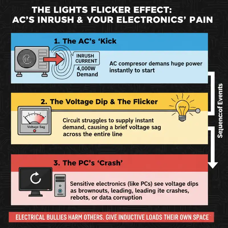 The Lights Flicker Effect: AC's Inrush & Your Electronics' Pain
