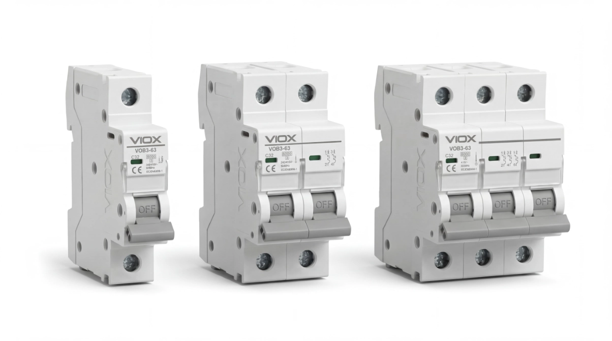 Serie de disyuntor en miniatura (MCB) VIOX VOB3-63 que incluye modelos 1P, 2P y 3P VIOX VOB3-63 Miniature Circuit Breaker (MCB) series including 1P, 2P, and 3P models